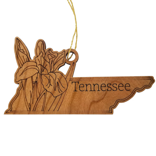 Tennessee Wood Ornament - TN State Shape with State Flowers Irises - Handmade Wood Ornament Made in USA Christmas Decor