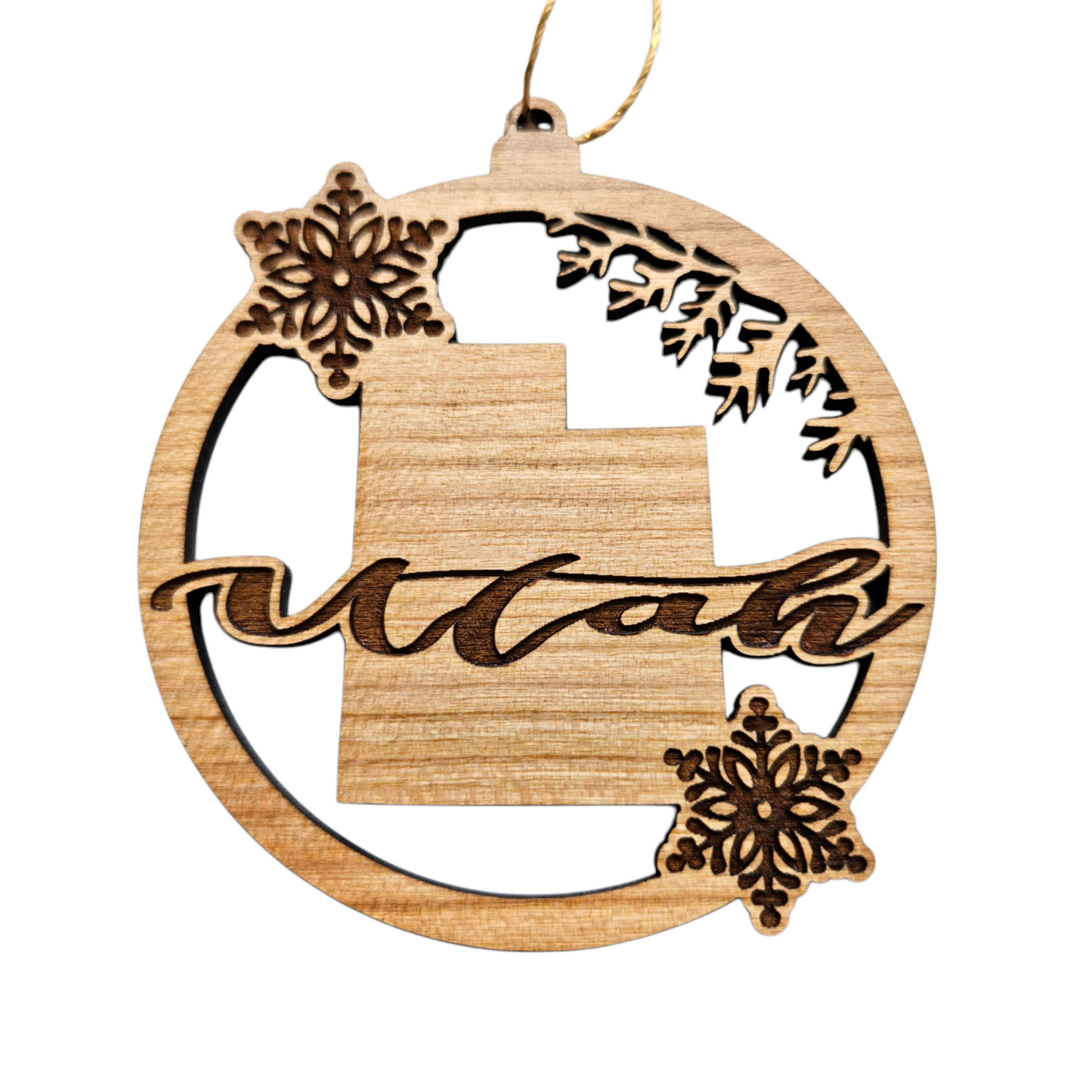 Utah Wood Ornament - State Shape with Snowflakes UT Cutout - Handmade in USA Souvenir - 15409