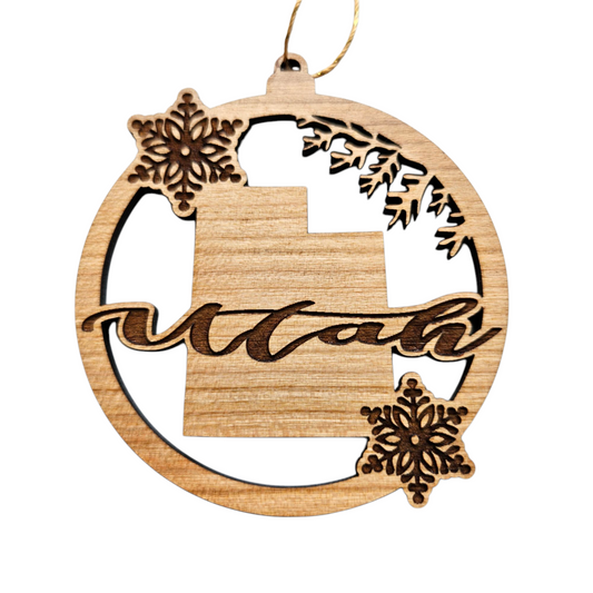 Utah Wood Ornament -  State Shape with Snowflakes UT Cutout - 15409