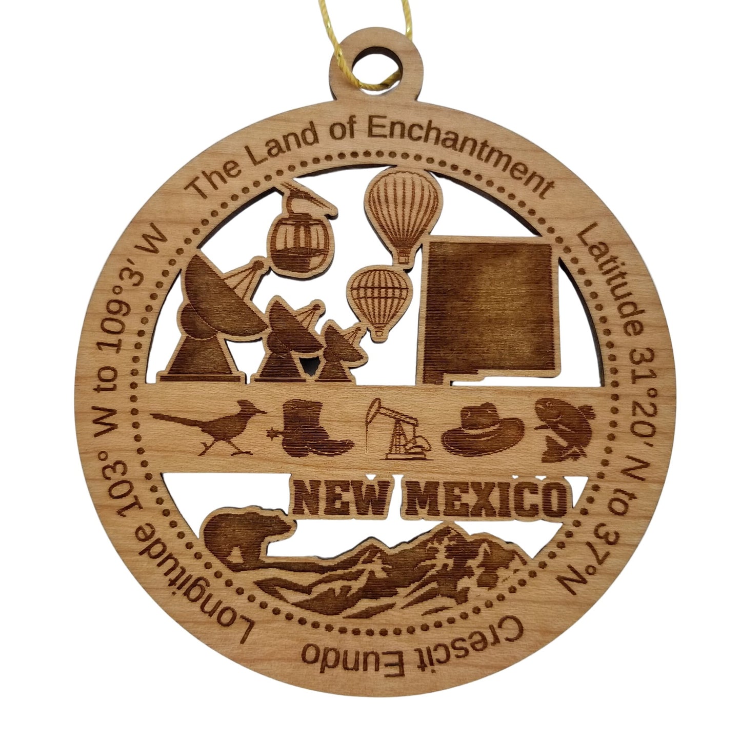 New Mexico Wood Ornament - NM Souvenir - Handmade in USA State Shape Hot Air Balloons Sky Tram Satellites Roadrunner - 15595