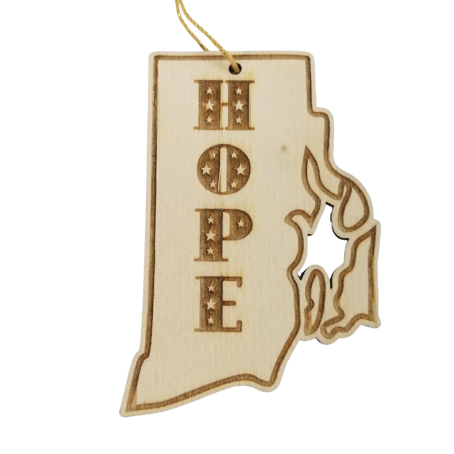 Rhode Island Wood Ornament - RI State Shape with State Motto Cutout - Handmade Wood Ornament Made in USA Christmas Decor