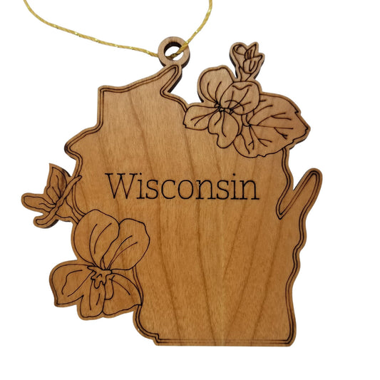 Wisconsin Wood Ornament - WI State Shape with State Flowers Wood Violet Blue Violet - Handmade Wood Ornament Made in USA Christmas Decor