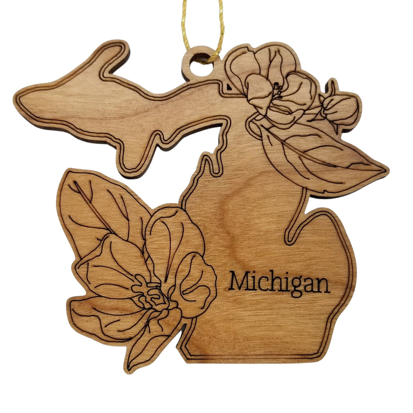 Michigan Wood Ornament - MI State Shape with State Flowers Apple Blossoms - Handmade Wood Ornament Made in USA Christmas Decor