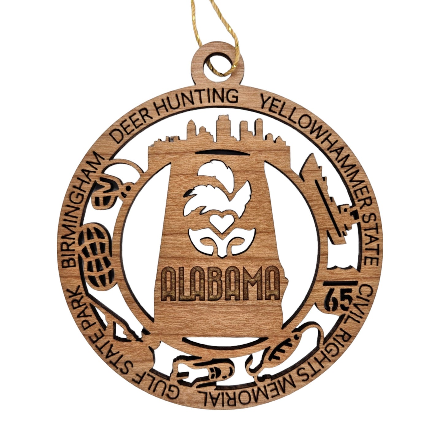 Alabama Wood Ornament - AL Souvenir - Handmade Wood Ornament Made in USA State Shape Football Peanuts Hunting Birmingham Gulf State Park