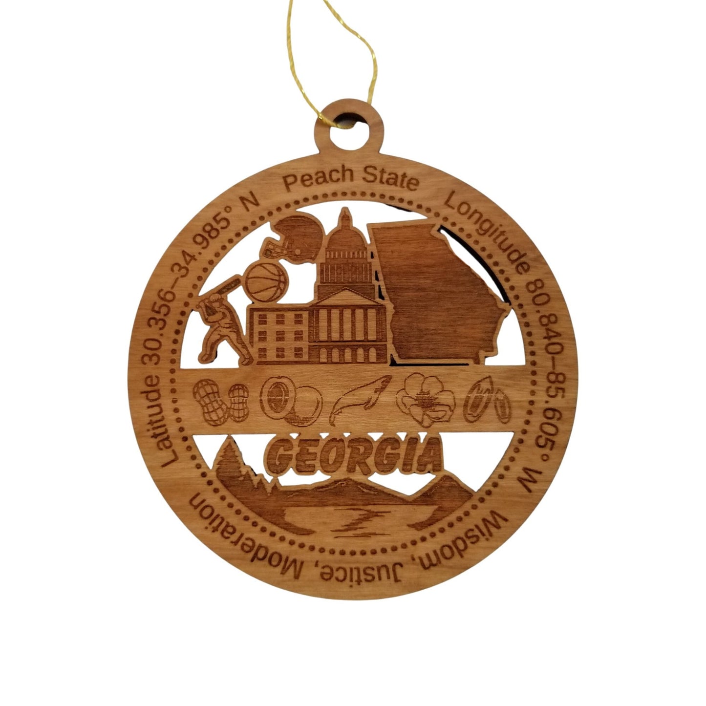 Georgia Wood Ornament - GA Souvenir - Handmade Wood Ornament Made in USA State Shape Whale Peanuts Peaches Football Helmet Basketball