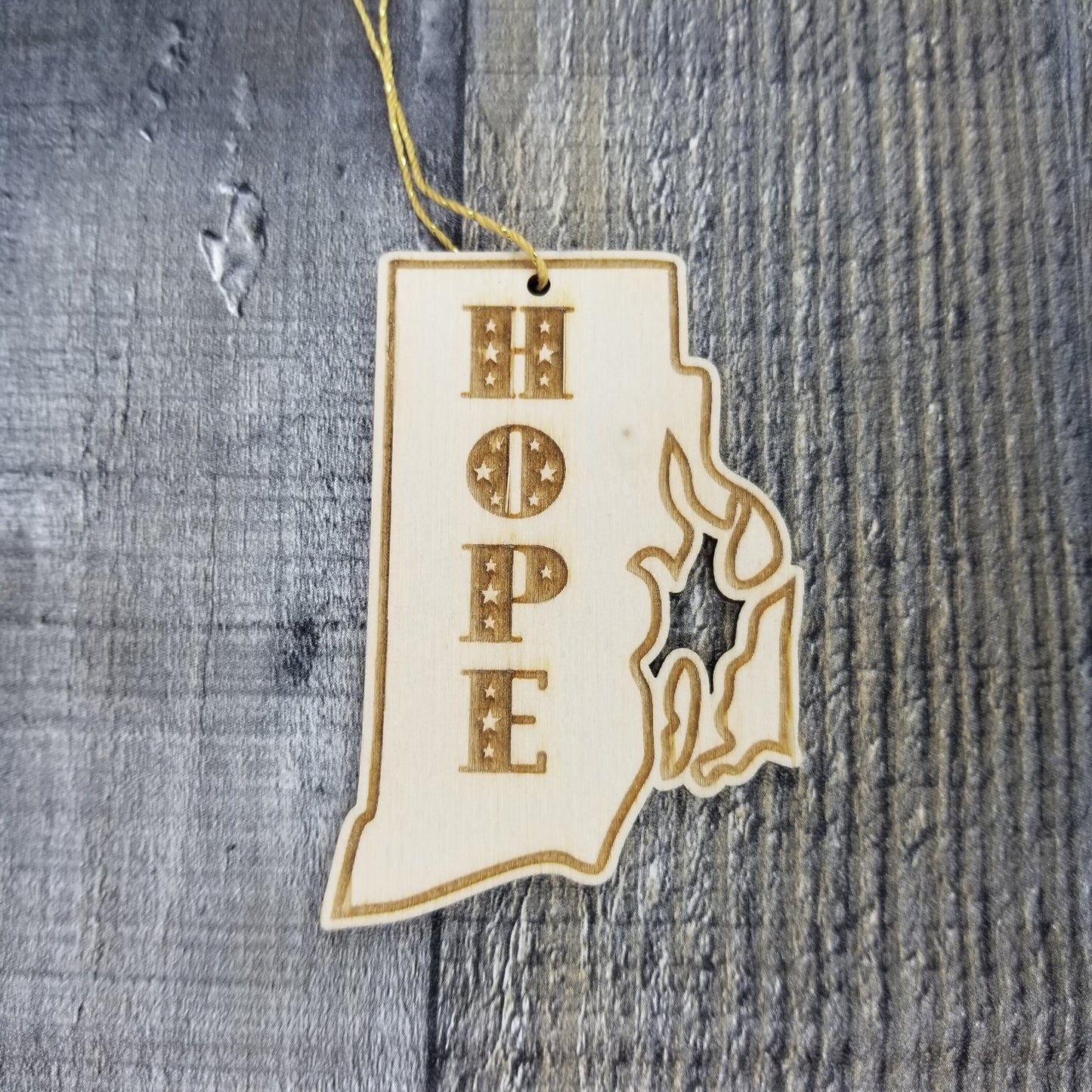Rhode Island Wood Ornament - RI State Shape with State Motto Cutout - Handmade Wood Ornament Made in USA Christmas Decor