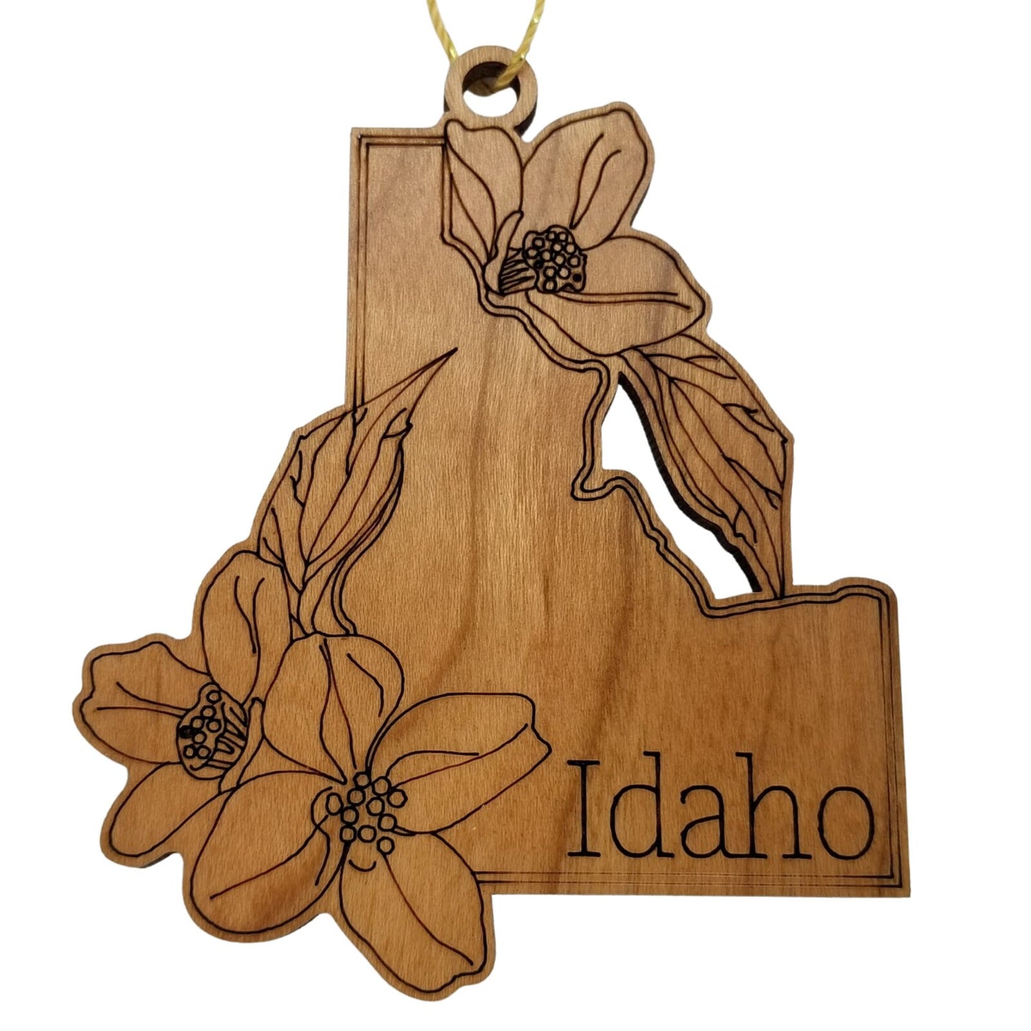 Idaho Wood Ornament - ID State Shape with State Flowers Syringa - Handmade Wood Ornament Made in USA Christmas Decor
