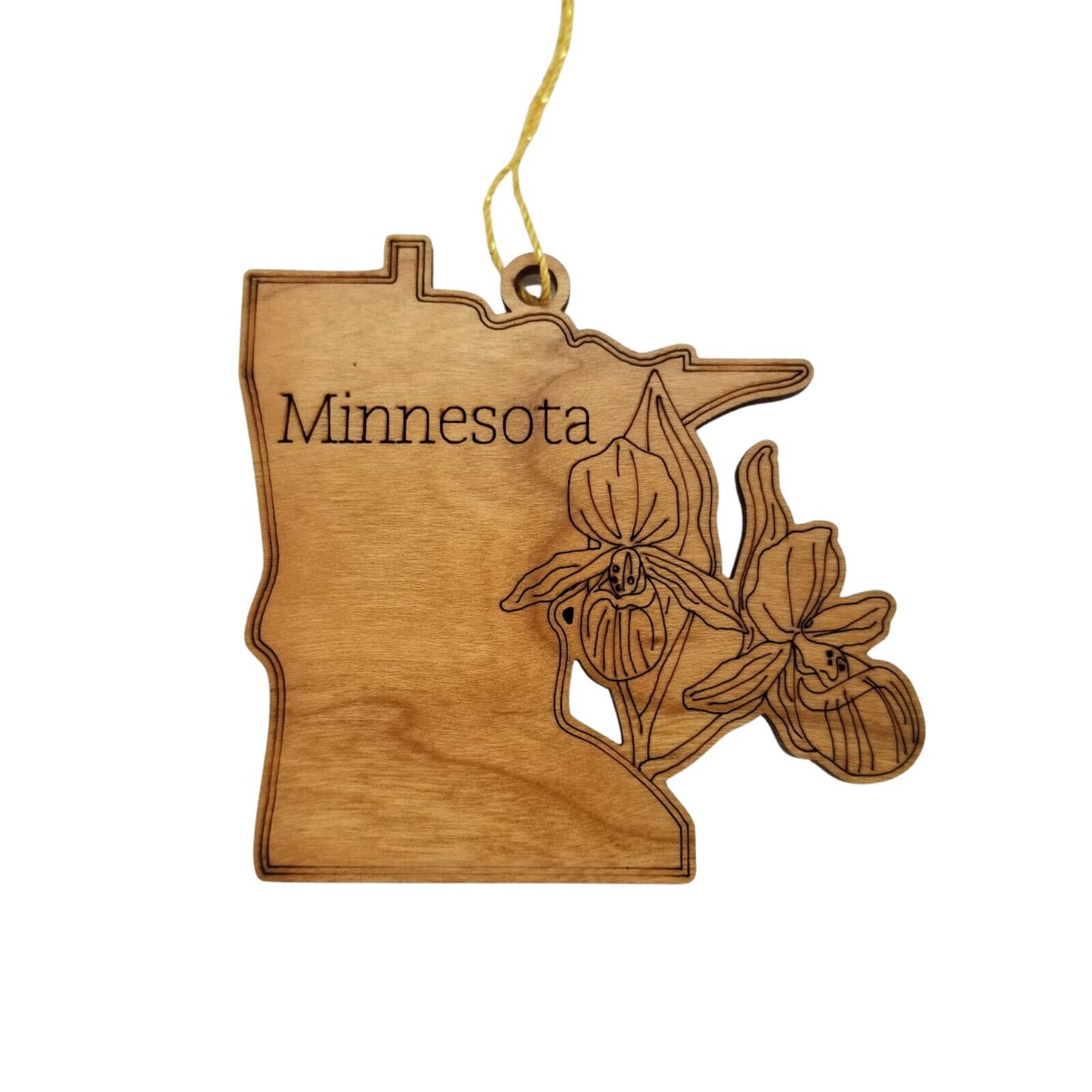 Minnesota Wood Ornament - State Shape with State Flowers Showy Ladys Slippers MN - Handmade Wood Ornament Made in USA Christmas Decor