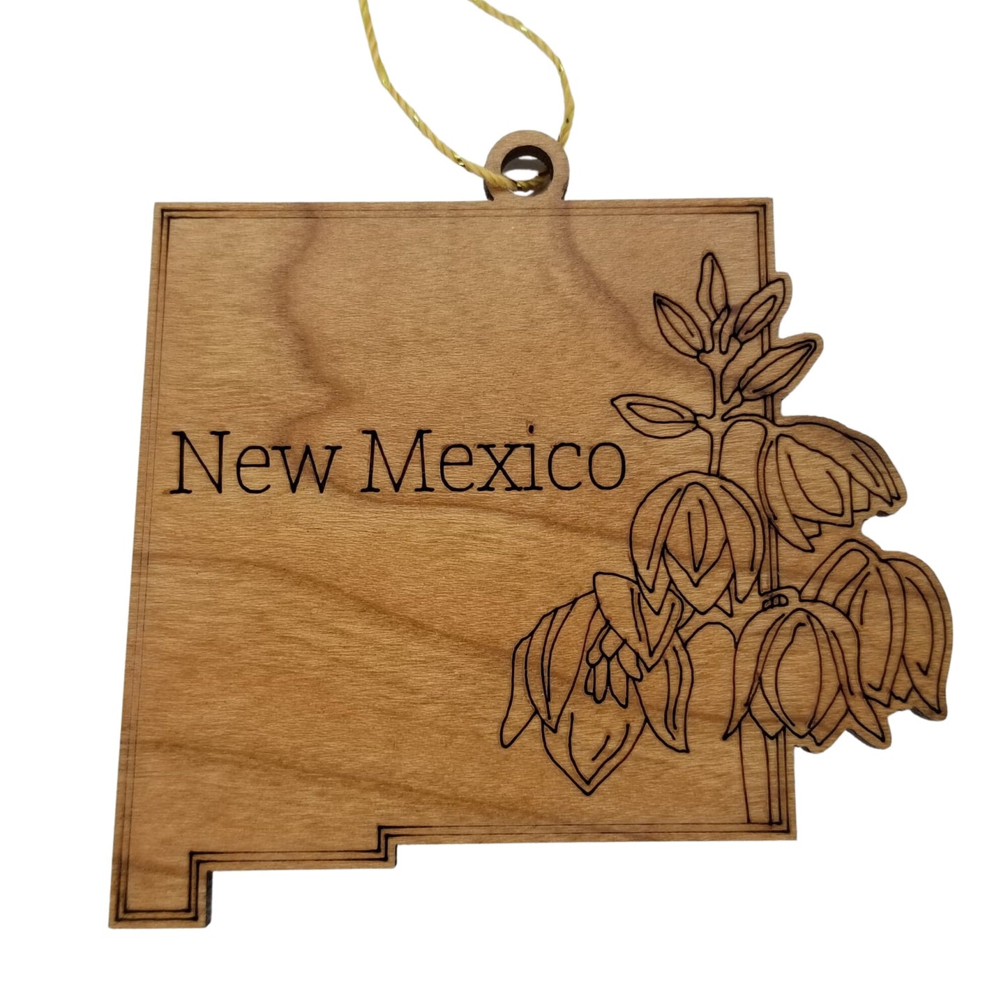 New Mexico Wood Ornament - NM State Shape with State Flowers Yucca Flower - Handmade in USA - 15540