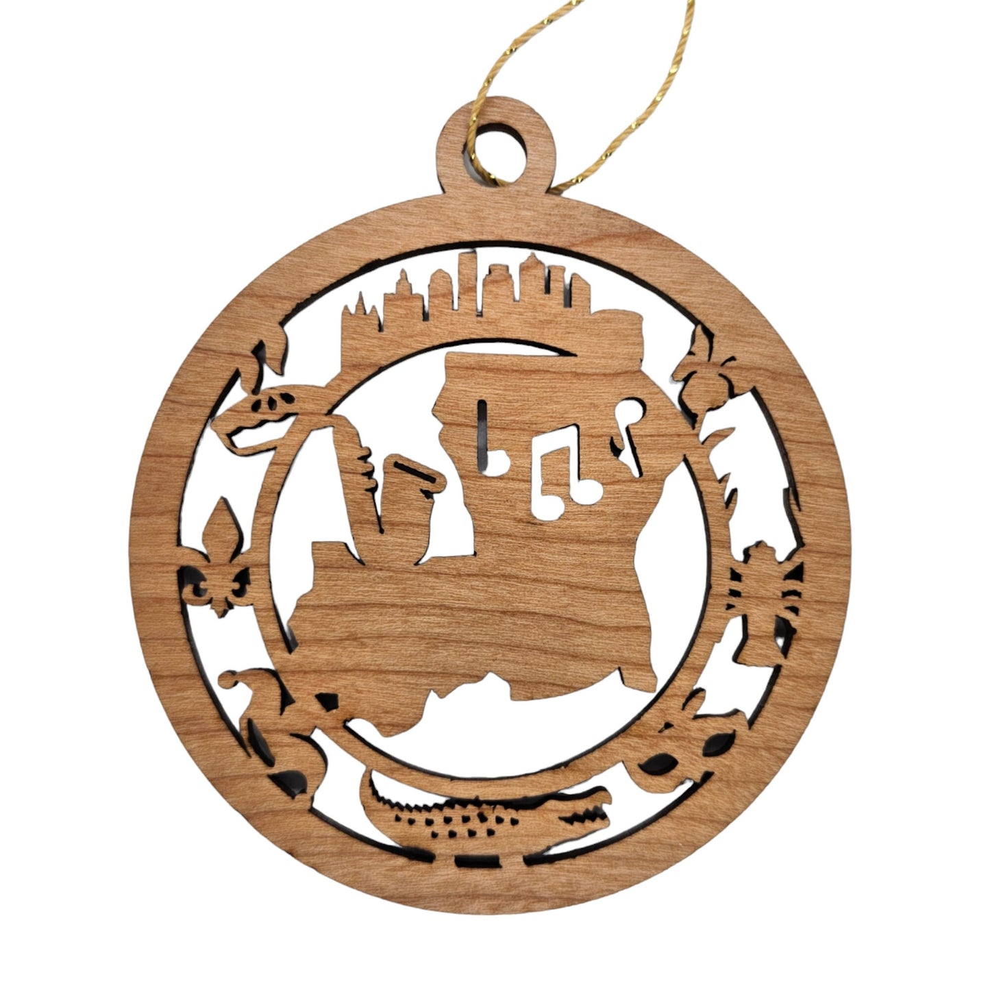 Louisiana Wood Ornament - LA State Souvenir - Handmade Wood Ornament Made in USA State Shape Skyline Iris Flower Crawfish Mardis Gras Mask