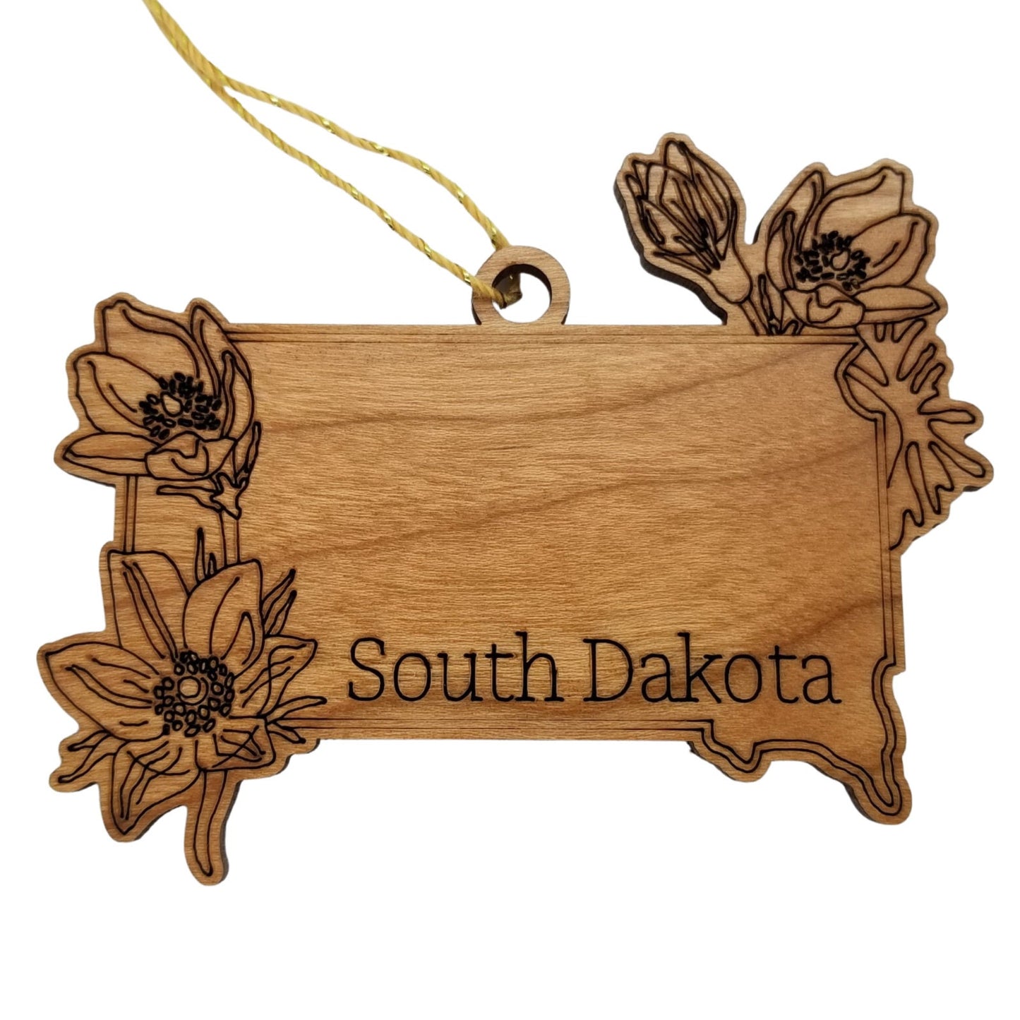 South Dakota Wood Ornament - SD State Shape with State Flowers American Pasque - Handmade Wood Ornament Made in USA Christmas Decor