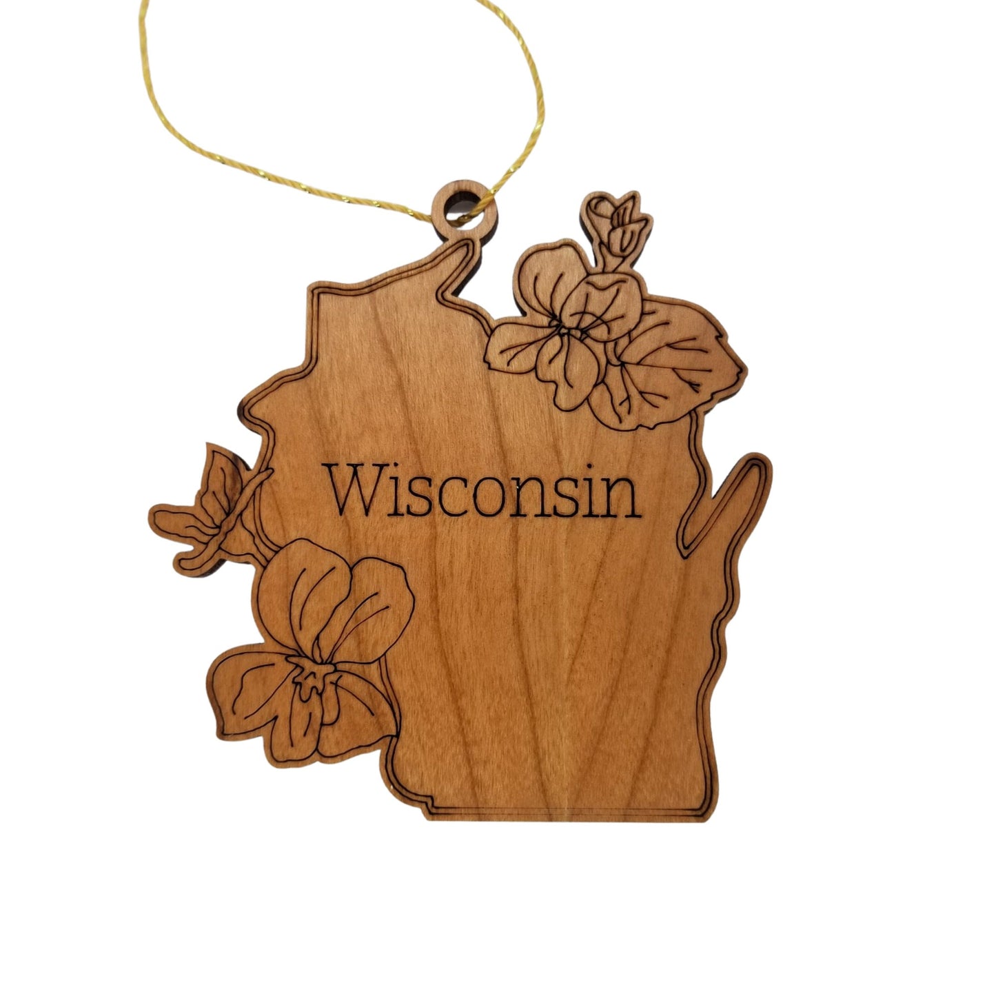 Wisconsin Wood Ornament - WI State Shape with State Flowers Wood Violet Blue Violet - Handmade Wood Ornament Made in USA Christmas Decor