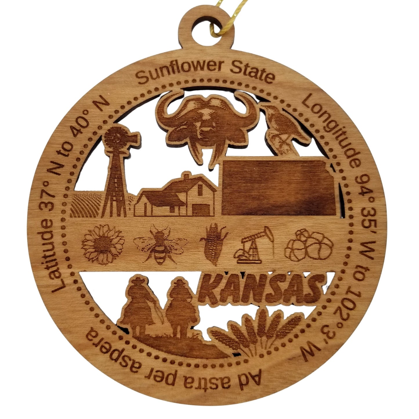 Kansas Wood Ornament - KS Souvenir - Handmade Wood Ornament Made in USA State Shape Windmill Barn Cowboys Bees Oil Drill Sunflower