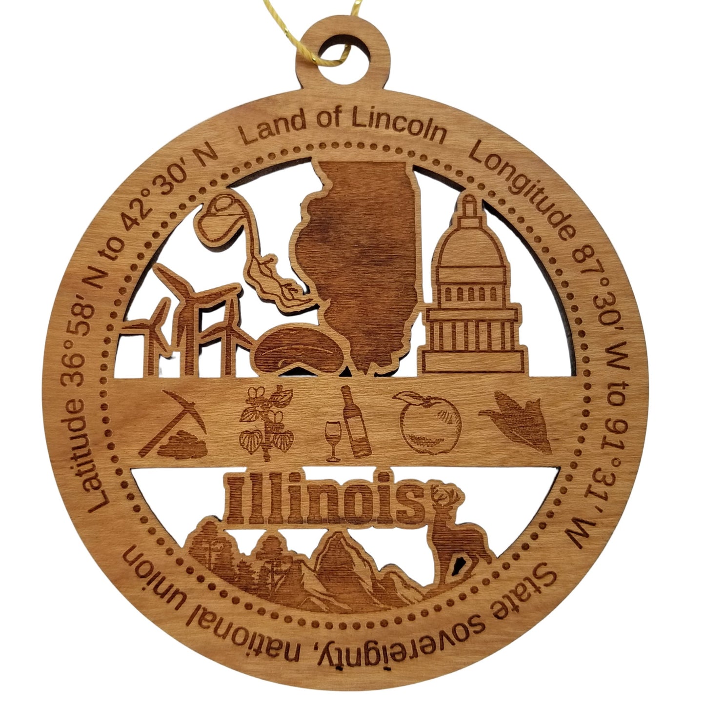 Illinois Wood Ornament - IL Souvenir - Handmade Wood Ornament Made in USA State Shape Wind Turbines Capitol Building Mining Wine Deer