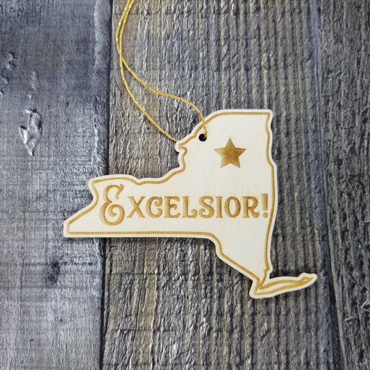New York Wood Ornament - NY State Shape with State Motto - Handmade Wood Ornament Made in USA Christmas Decor