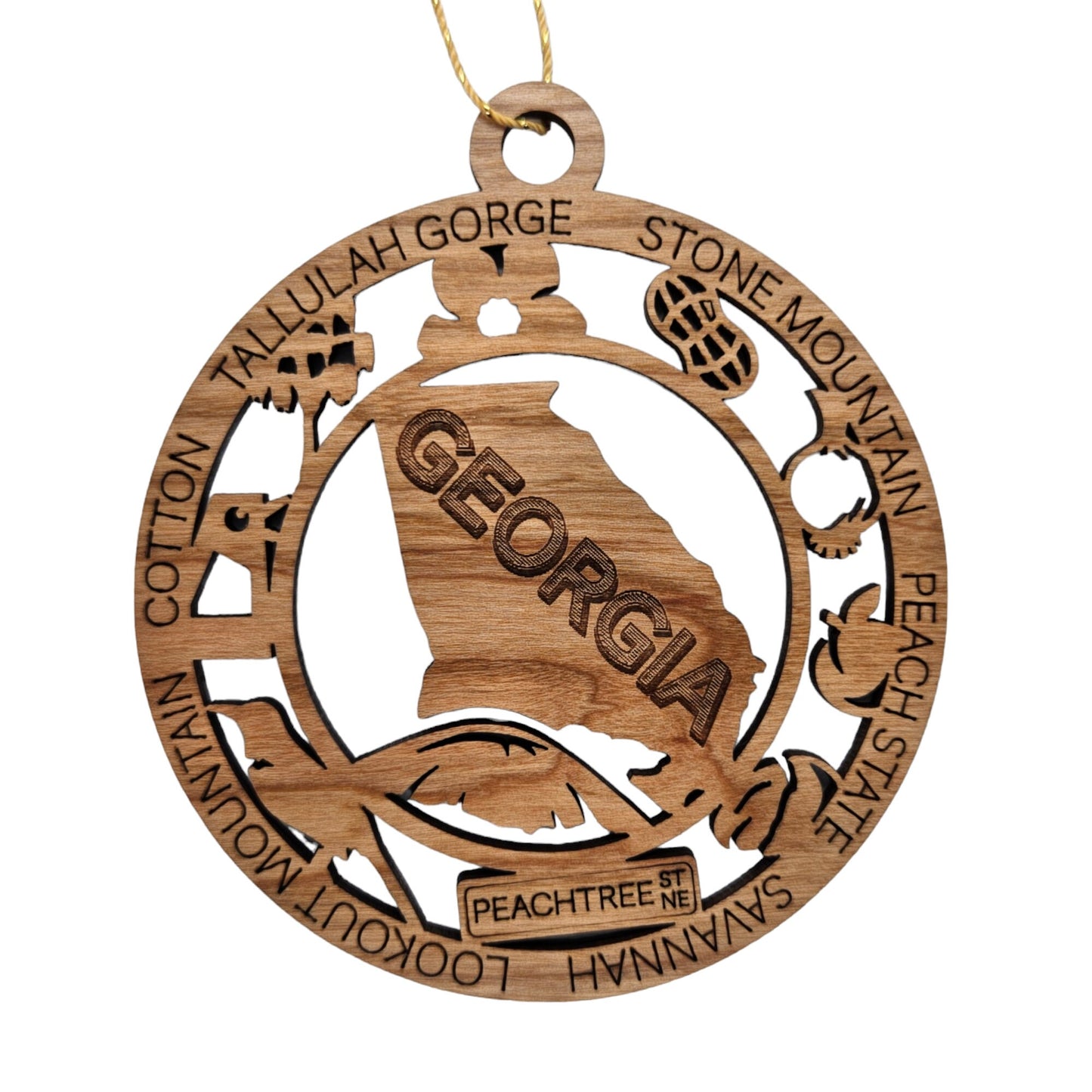 Georgia Wood Ornament - GA Souvenir - Handmade Wood Ornament Made in USA State Shape Peachtree Street Peanuts Spanish Moss Pecan