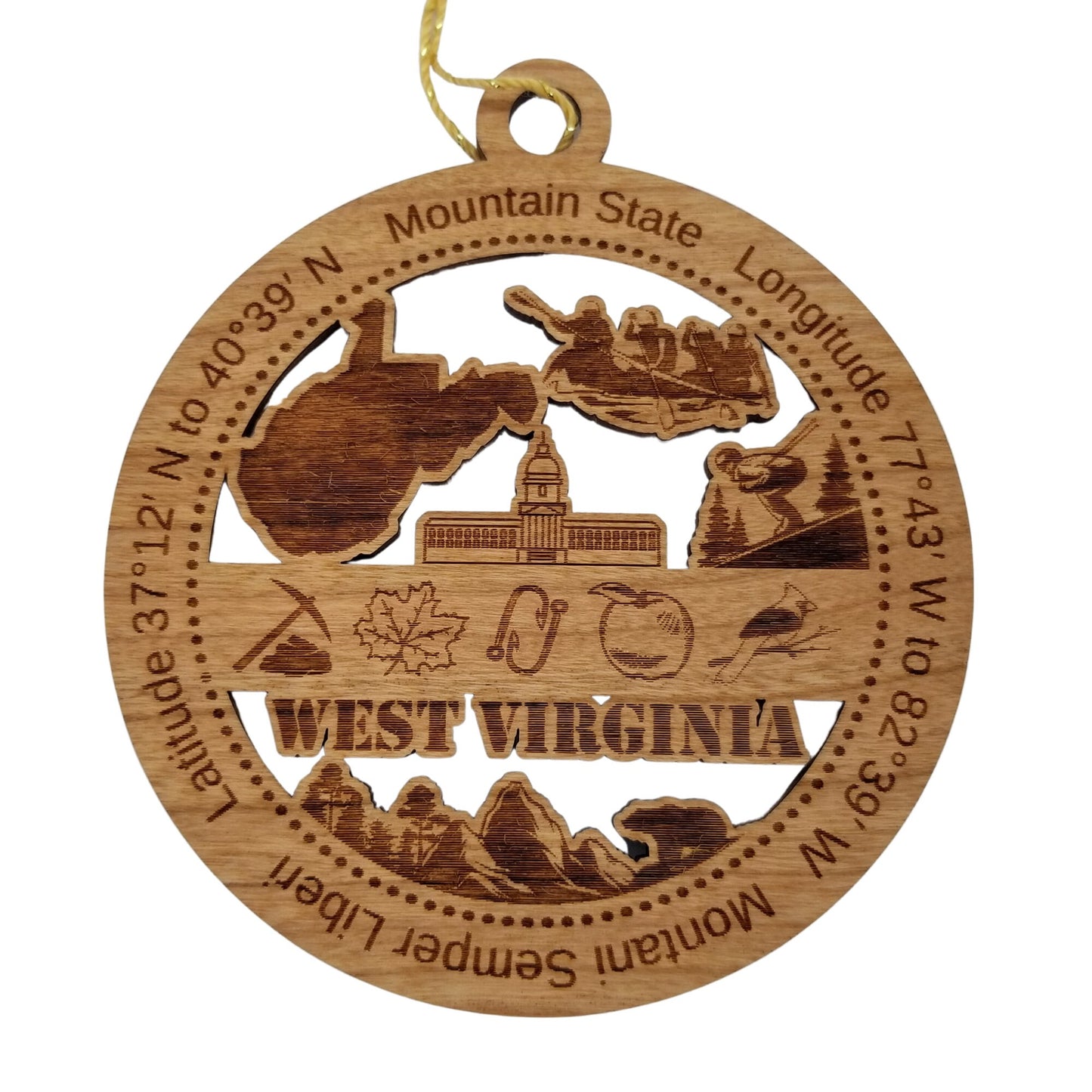 West Virginia Wood Ornament - WV Souvenir - Handmade Wood Ornament Made in USA State Shape Skiing Capitol Building Rowing Boating