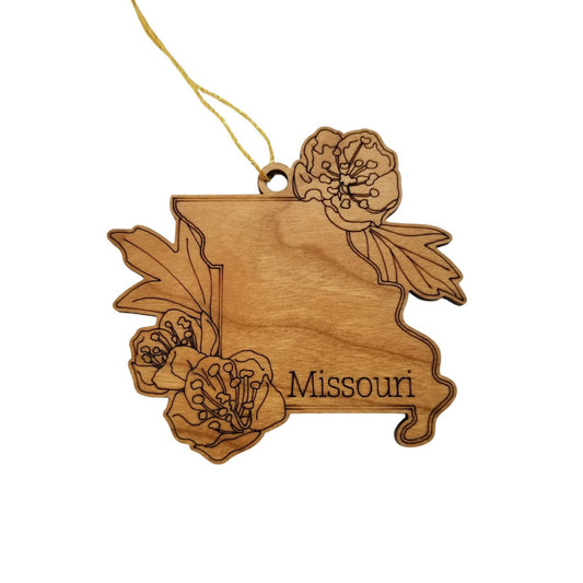 Missouri Wood Ornament - MO State Shape with State Flowers Hawthorn Blossom - Handmade Wood Ornament Made in USA Christmas Decor
