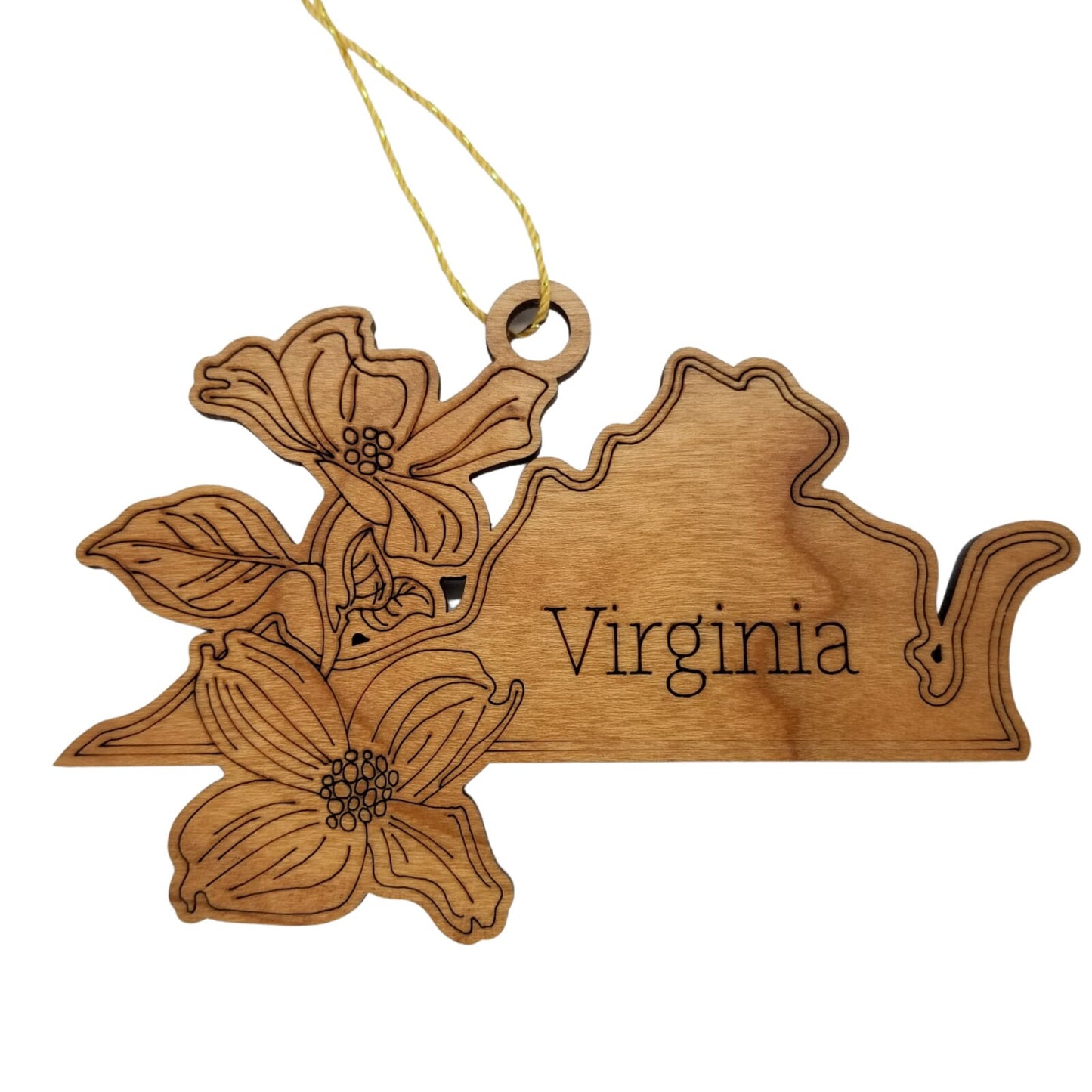 Virginia Wood Ornament - VA State Shape with State Flowers Cutout - Handmade Wood Ornament Made in USA Christmas Decor