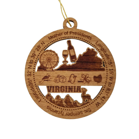 Virginia Wood Ornament - VA Souvenir - Handmade Wood Ornament Made in USA State Shape Cardinal Fish Hooks Wine Ferris Wheel Mountains Trees