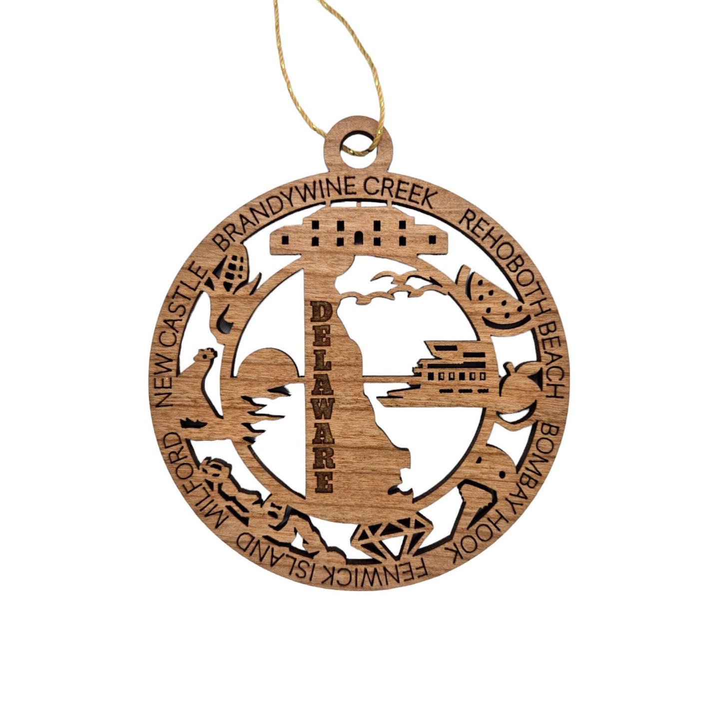 Delaware Wood Ornament - DE Souvenir - Handmade Wood Ornament Made in USA State Shape Brandywine Creek Diamond Corn Bombay Hook