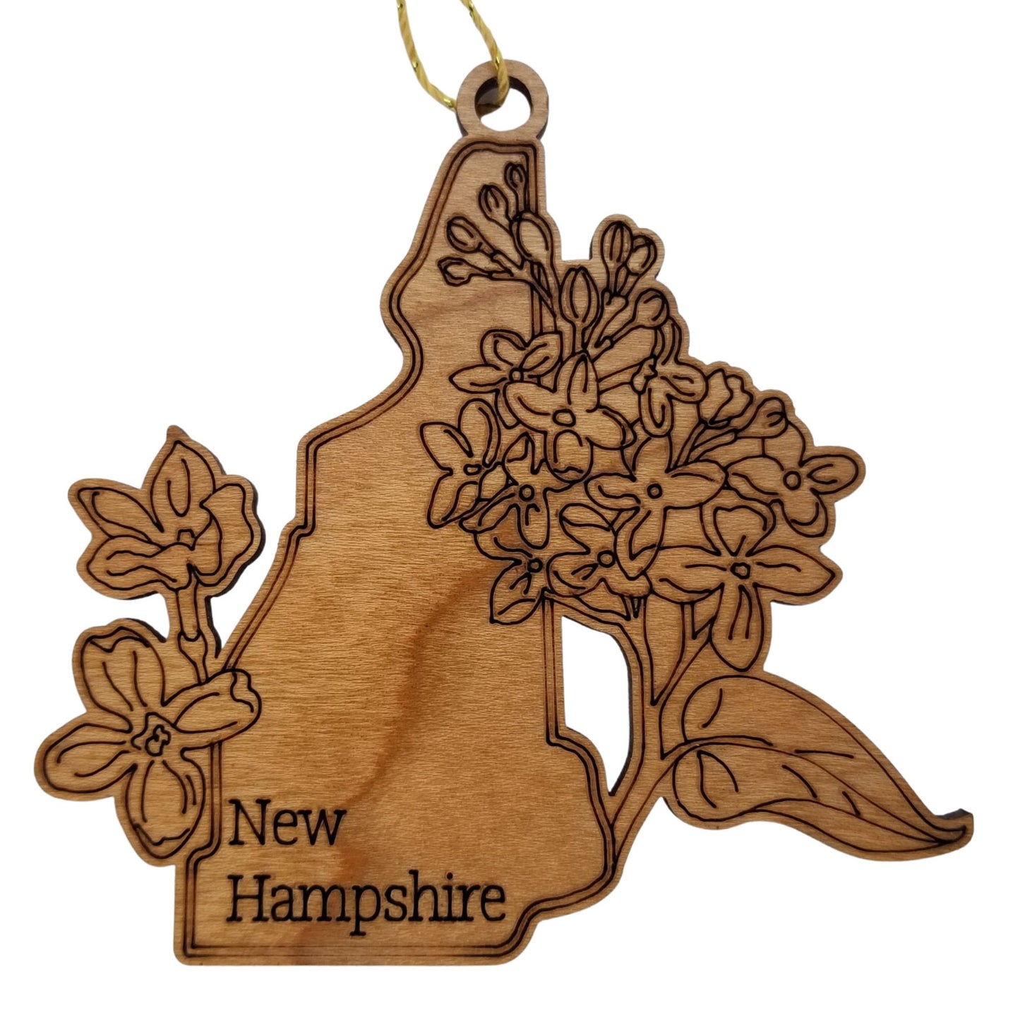 New Hampshire Wood Ornament - NH State Shape with State Flowers Purple Lilacs - Handmade Wood Ornament Made in USA Christmas Decor