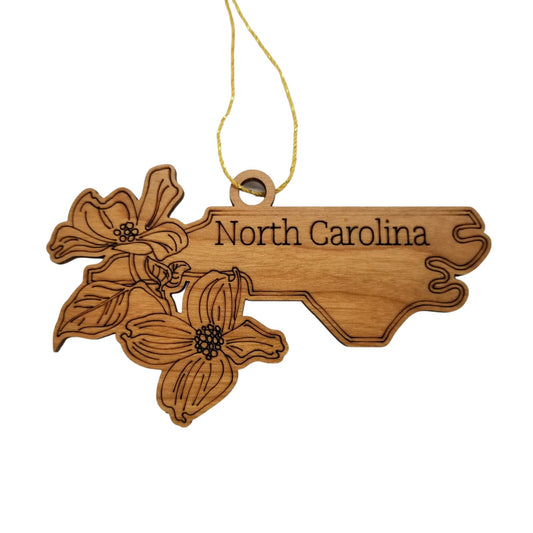 North Carolina Wood Ornament - State Shape with State Flowers Flowering Dogwoods NC - Handmade Wood Ornament Made in USA Christmas Decor
