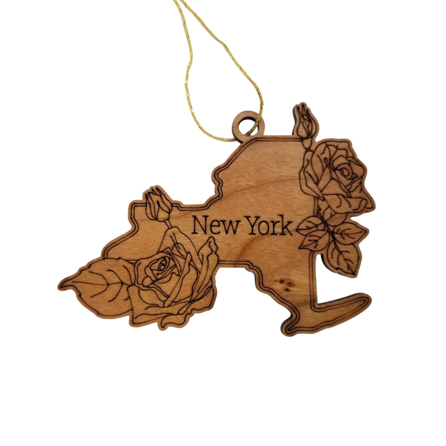 New York Wood Ornament - NY State Shape with State Flowers Roses - Handmade Wood Ornament Made in USA Christmas Decor