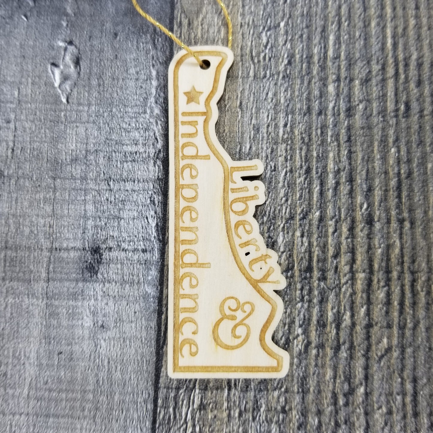 Delaware Wood Ornament - DE State Shape with State Motto Cutout - Handmade Wood Ornament Made in USA Christmas Decor
