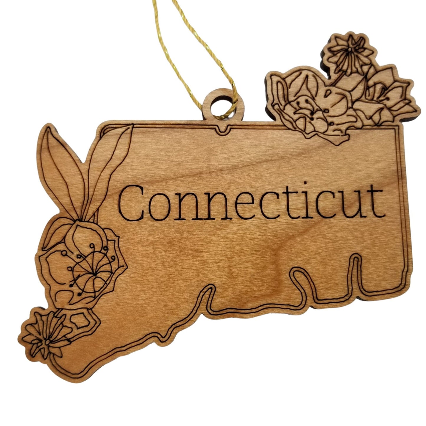 Connecticut Wood Ornament - CT State Shape with State Flowers Mountain Laurel - Handmade Wood Ornament Made in USA Christmas Decor