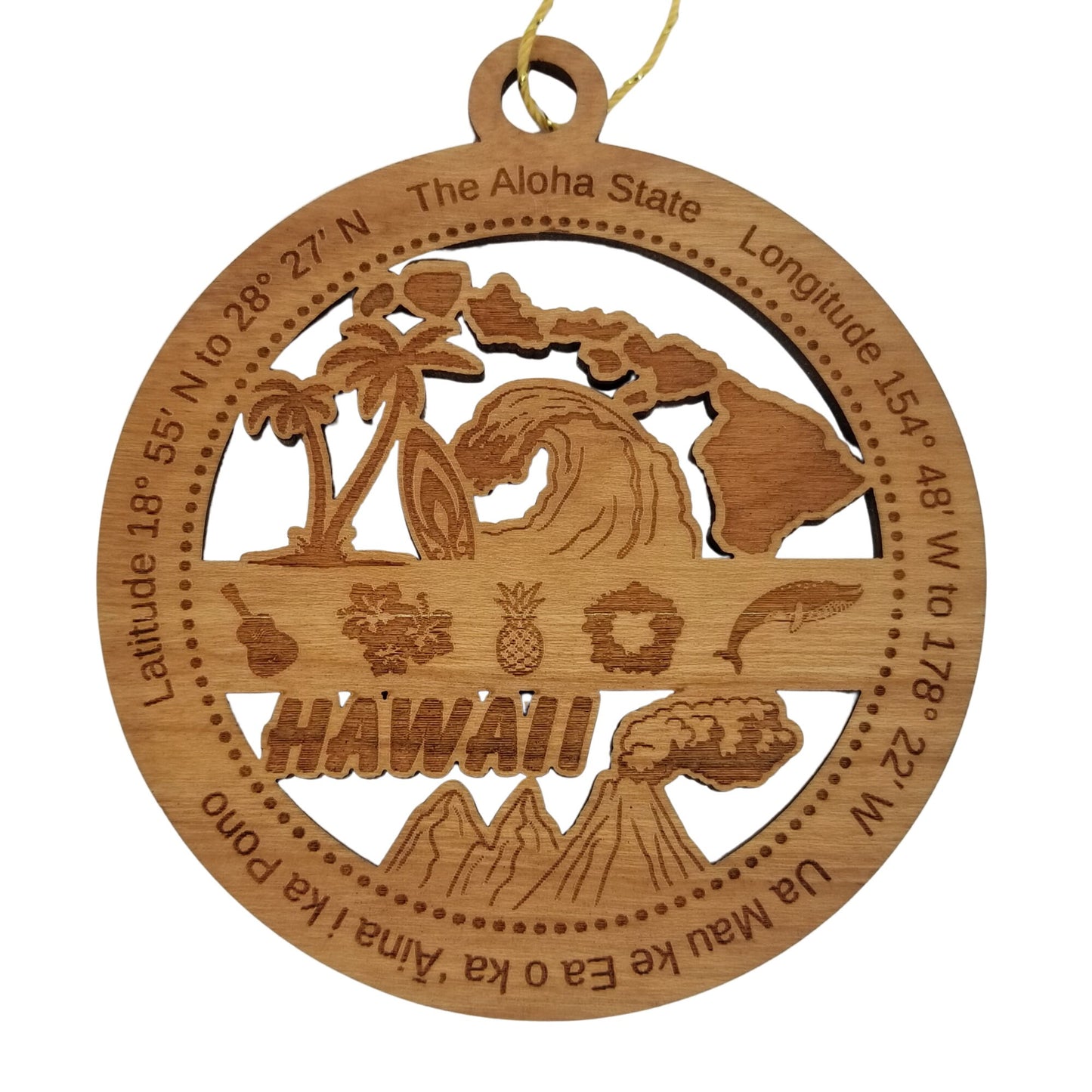 Hawaii Wood Ornament - HI Souvenir - Handmade Wood Ornament Made in USA State Shape Palm Trees Wave Surfboard Ukulele Volcano Hibiscus