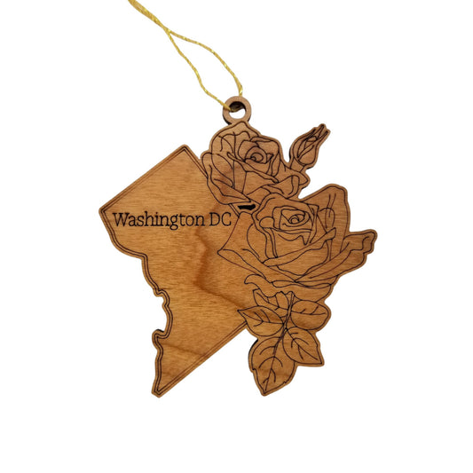 Washington DC Wood Ornament - DC State Shape with State Flowers American Beauty Rose - Handmade Wood Ornament Made in USA Christmas Decor