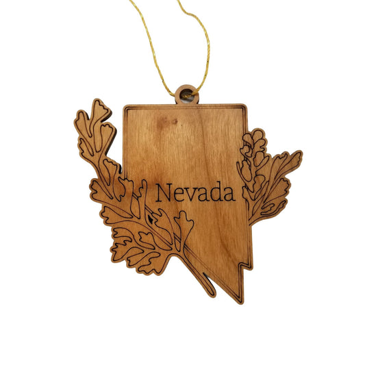 Nevada Wood Ornament - NV State Shape with State Flowers Big Sagebrush - Handmade Wood Ornament Made in USA Christmas Decor