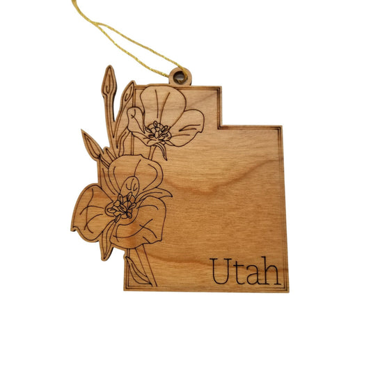 Utah Wood Ornament - UT State Shape with State Flowers Sego Lily - Handmade Wood Ornament Made in USA Christmas Decor - 15551