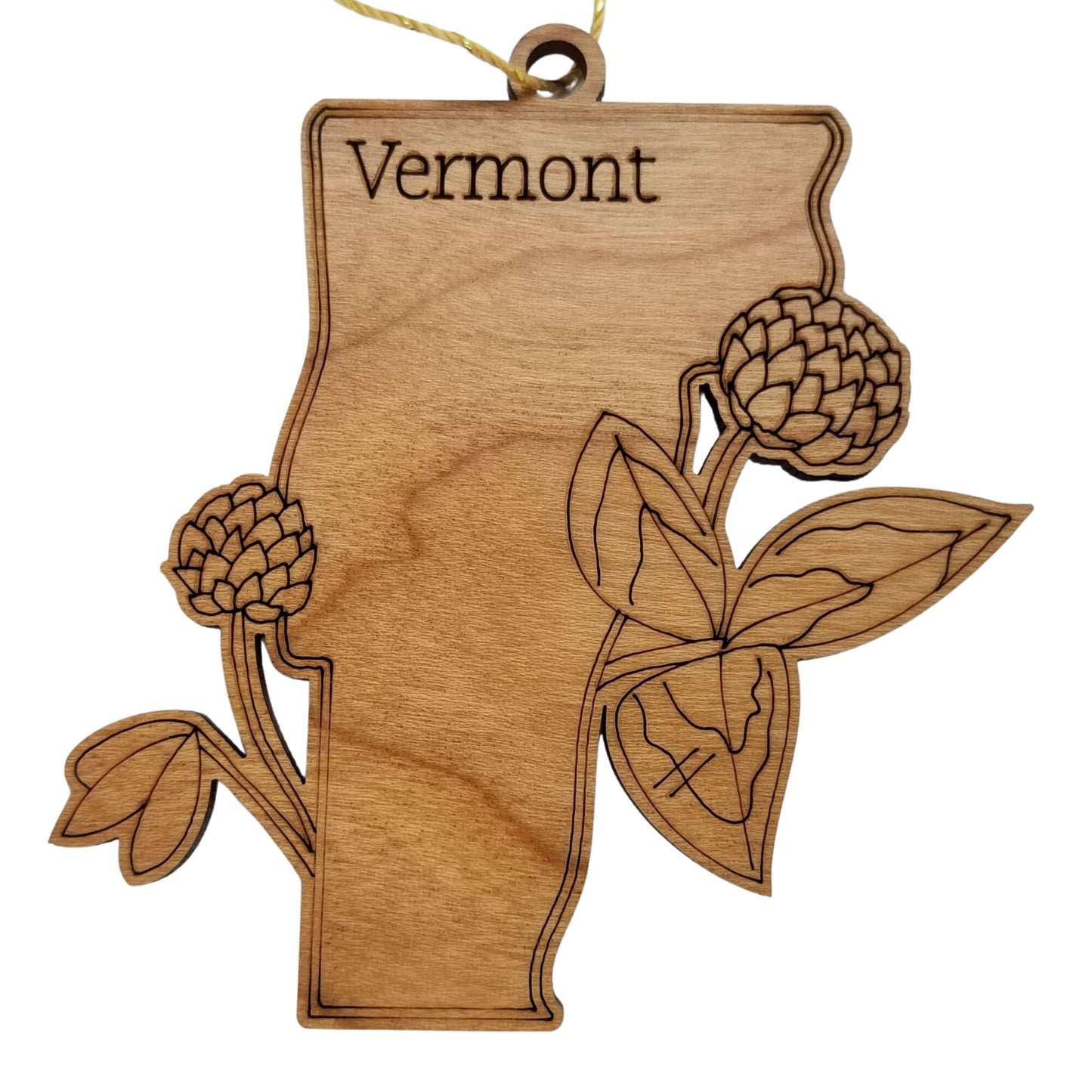 Vermont Wood Ornament - State Shape with State Flowers Red Clover VT - Handmade Wood Ornament Made in USA Christmas Decor