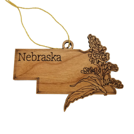 Nebraska Wood Ornament - NE State Shape with State Flowers Solidago - Handmade Wood Ornament Made in USA Christmas Decor