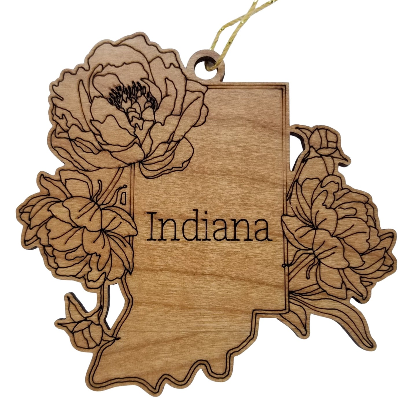 Indiana Wood Ornament - IN State Shape with State Flowers Cutout - Handmade Wood Ornament Made in USA Christmas Decor