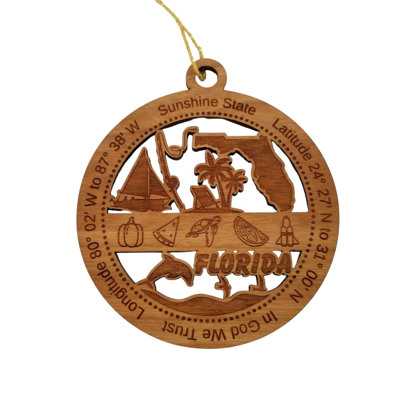 Florida Wood Ornament - FL Souvenir - Handmade Wood Ornament Made in USA State Shape Sailboat Fishing Pole Palm Trees Orange Space Shuttle