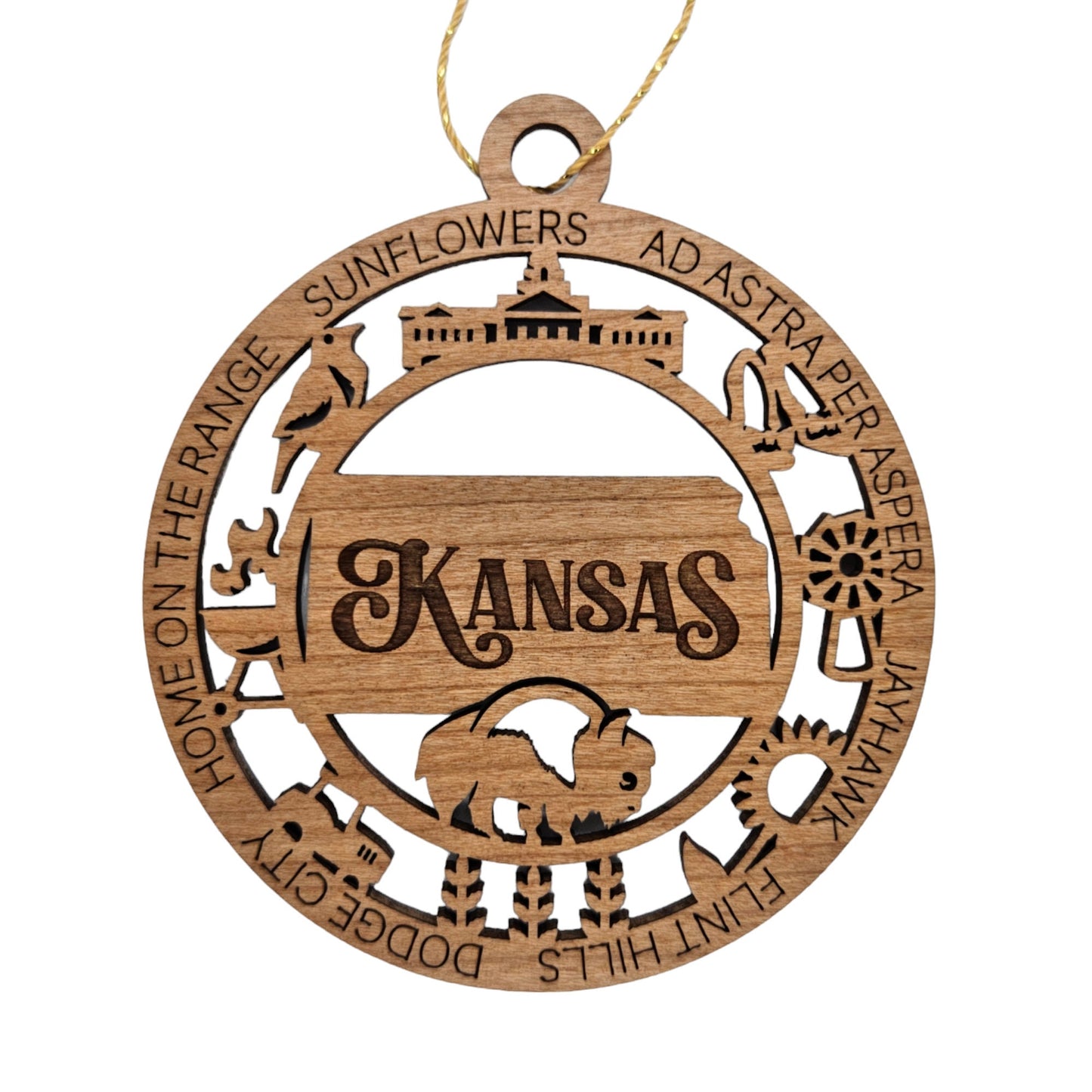 Kansas Wood Ornament - KS Souvenir Handmade Wood Ornament Made in USA - State Shape - State Capitol - Western Meadowlark - Grill - Tractor