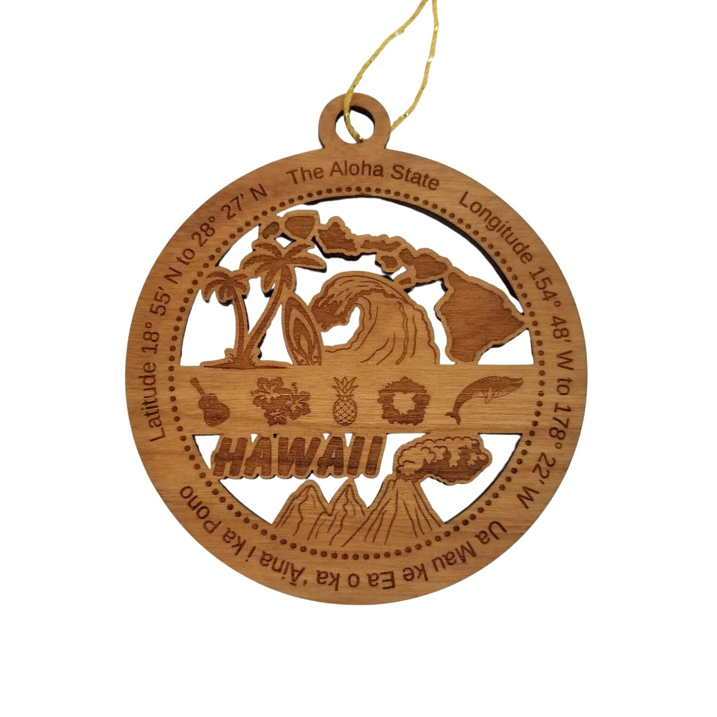 Hawaii Wood Ornament - HI Souvenir - Handmade Wood Ornament Made in USA State Shape Palm Trees Wave Surfboard Ukulele Volcano Hibiscus