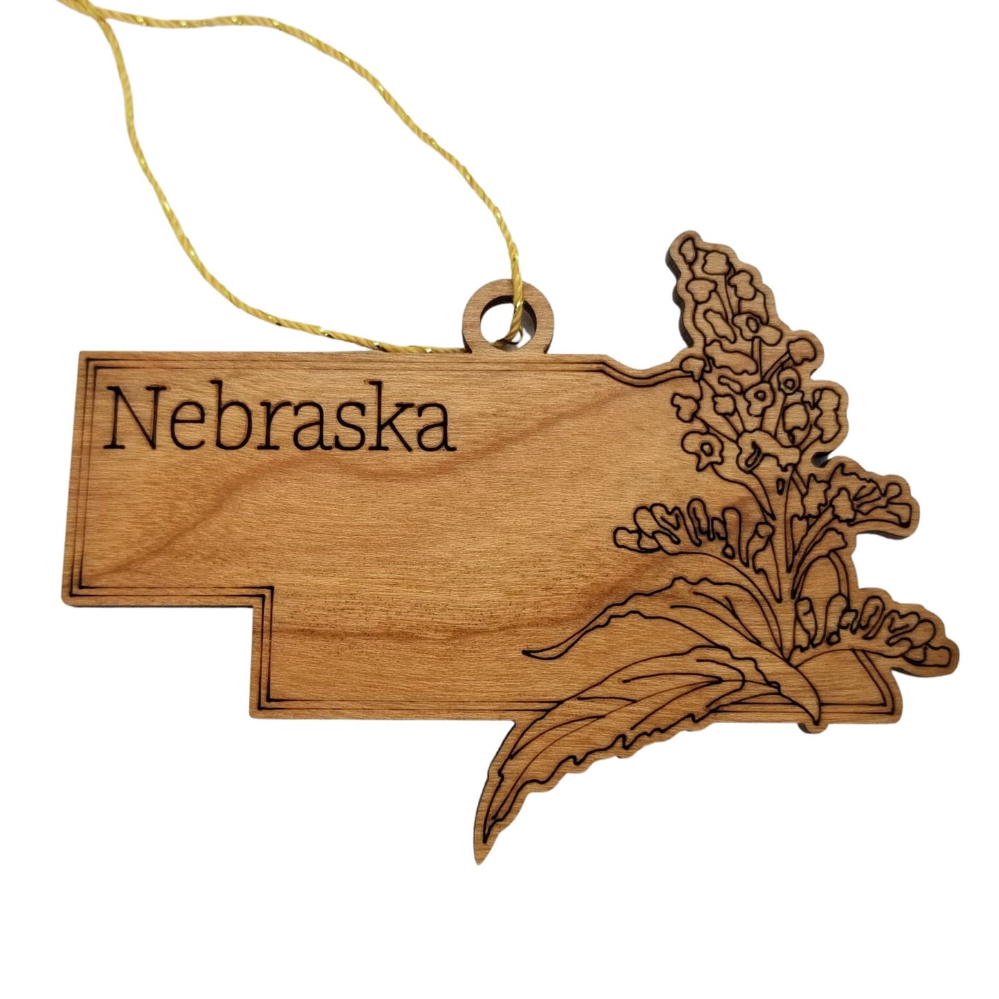 Nebraska Wood Ornament - NE State Shape with State Flowers Solidago - Handmade Wood Ornament Made in USA Christmas Decor