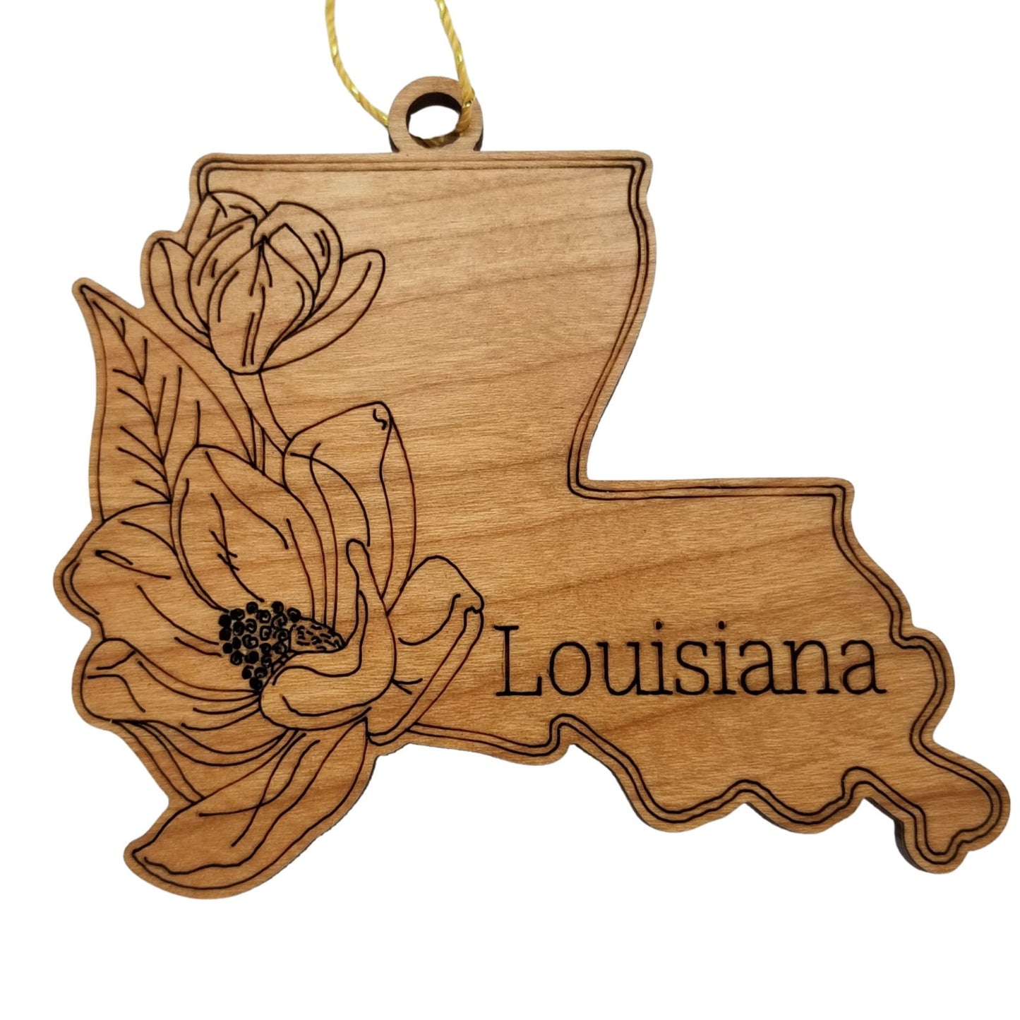 Louisiana Wood Ornament - LA State Shape with State Flowers Magnolia Blossoms - Handmade in USA - 15558