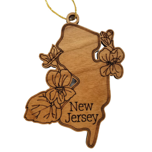 New Jersey Wood Ornament - NJ State Shape with State Flowers Violets - Handmade Wood Ornament Made in USA Christmas Decor