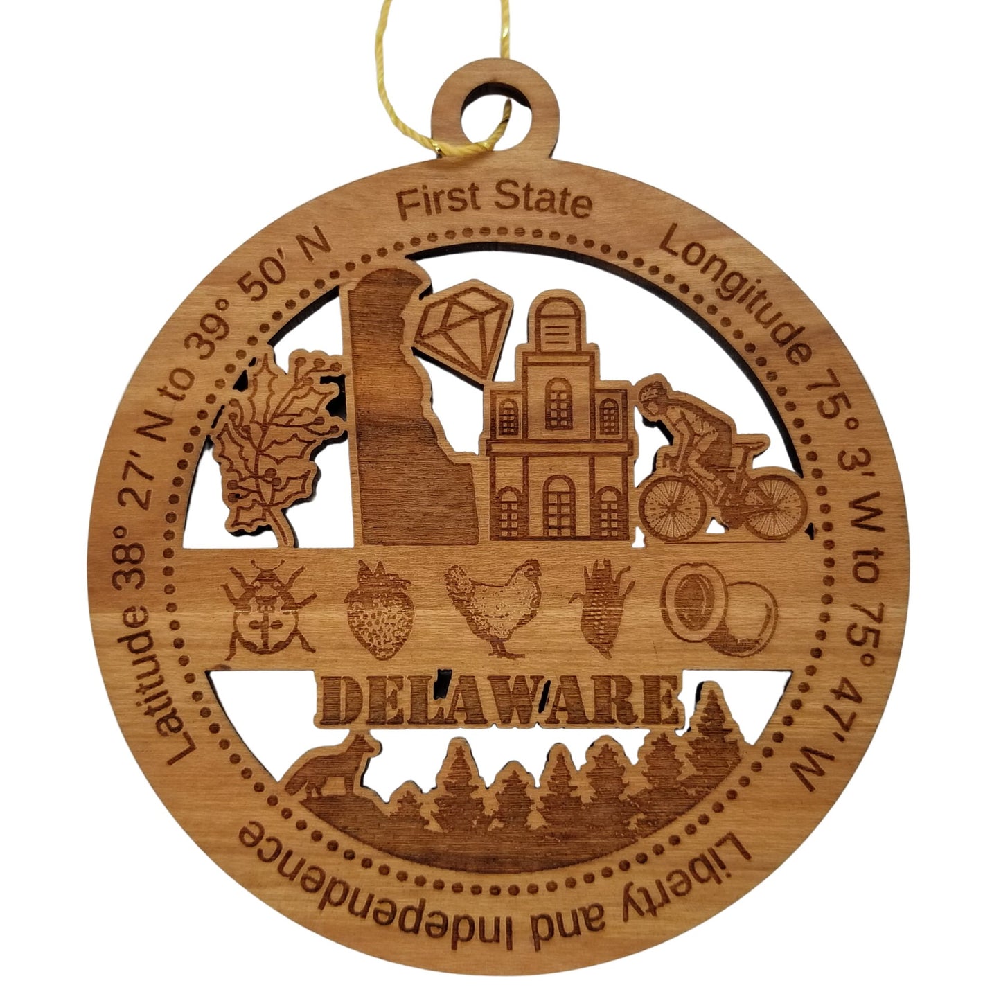 Delaware Wood Ornament - DE Souvenir - Handmade Wood Ornament Made in USA State Shape Diamond Bicycle Chicken Corn Strawberry Trees