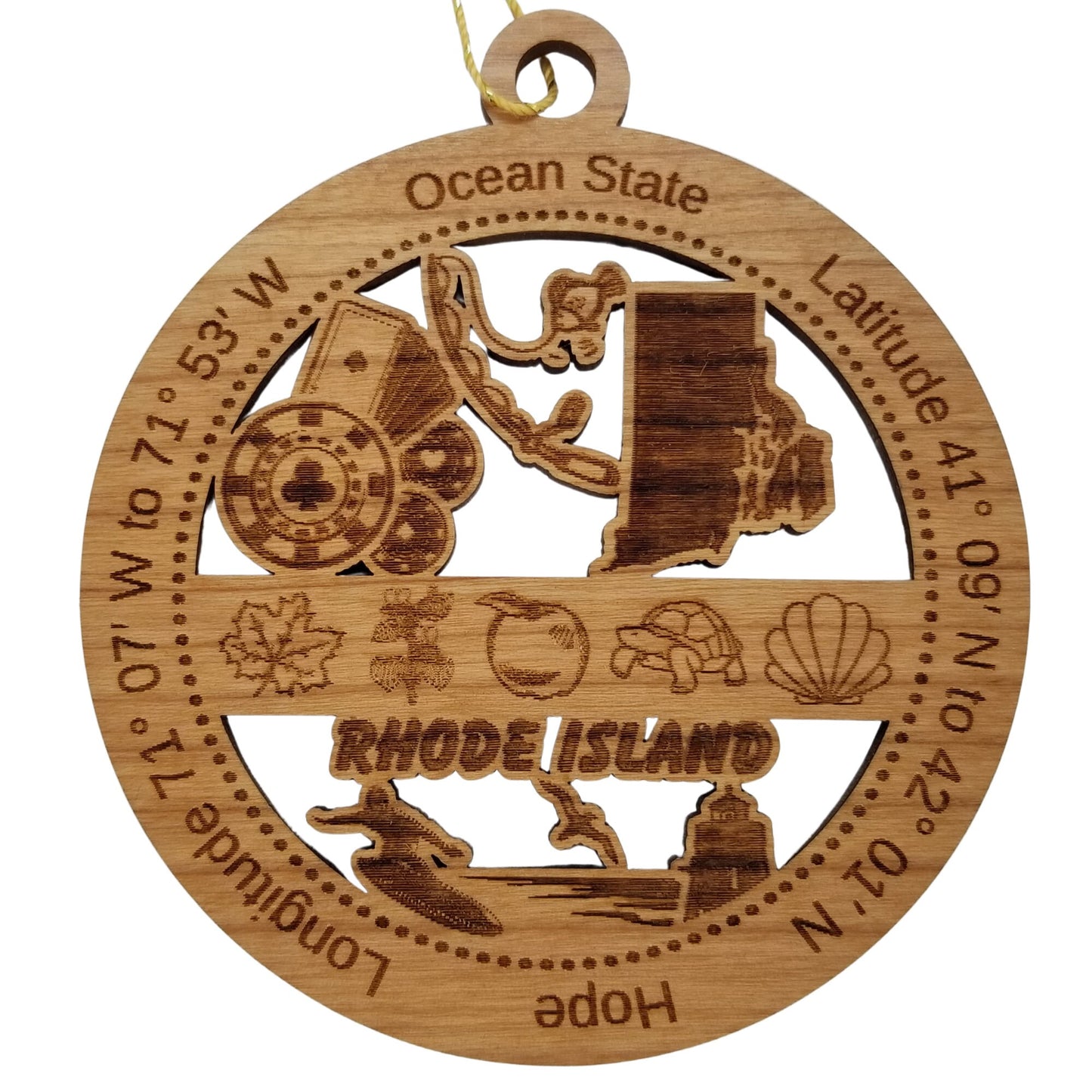 Rhode Island Wood Ornament - RI Souvenir - Handmade Wood Ornament Made in USA State Shape Gambling Cards Fishing Pole Lighthouse Maple Leaf