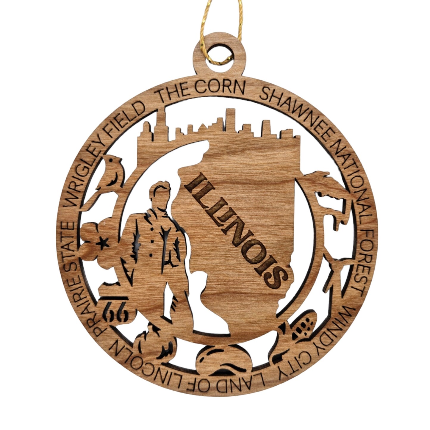 Illinois Wood Ornament - IL Souvenir - Handmade Wood Ornament Made in USA State Shape Skyline Cardinal Blue Violet Route 66 Pumpkin