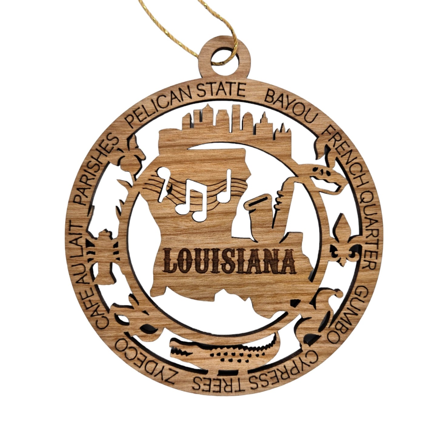 Louisiana Wood Ornament - LA State Souvenir - Handmade Wood Ornament Made in USA State Shape Skyline Iris Flower Crawfish Mardis Gras Mask