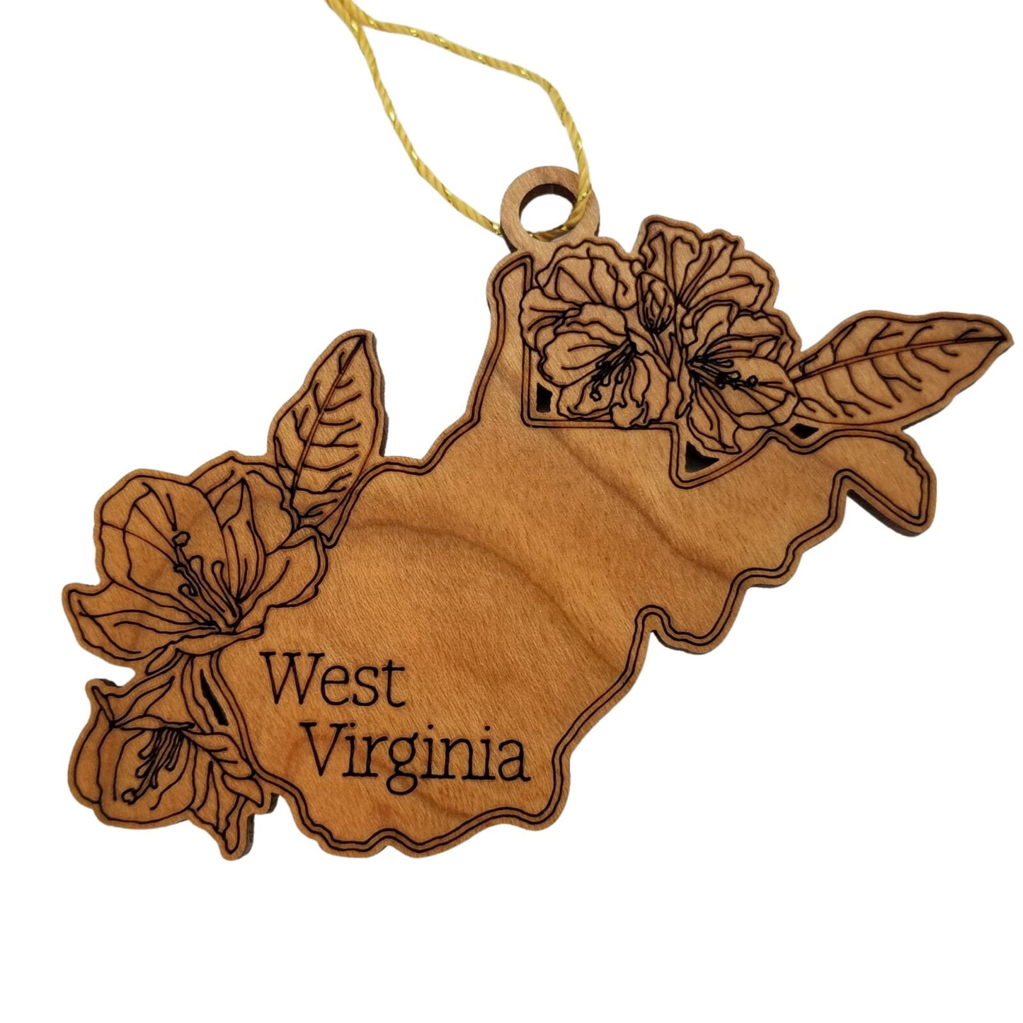 West Virginia Wood Ornament - WV State Shape with State Flowers Rhododendron - Handmade Wood Ornament Made in USA Christmas Decor
