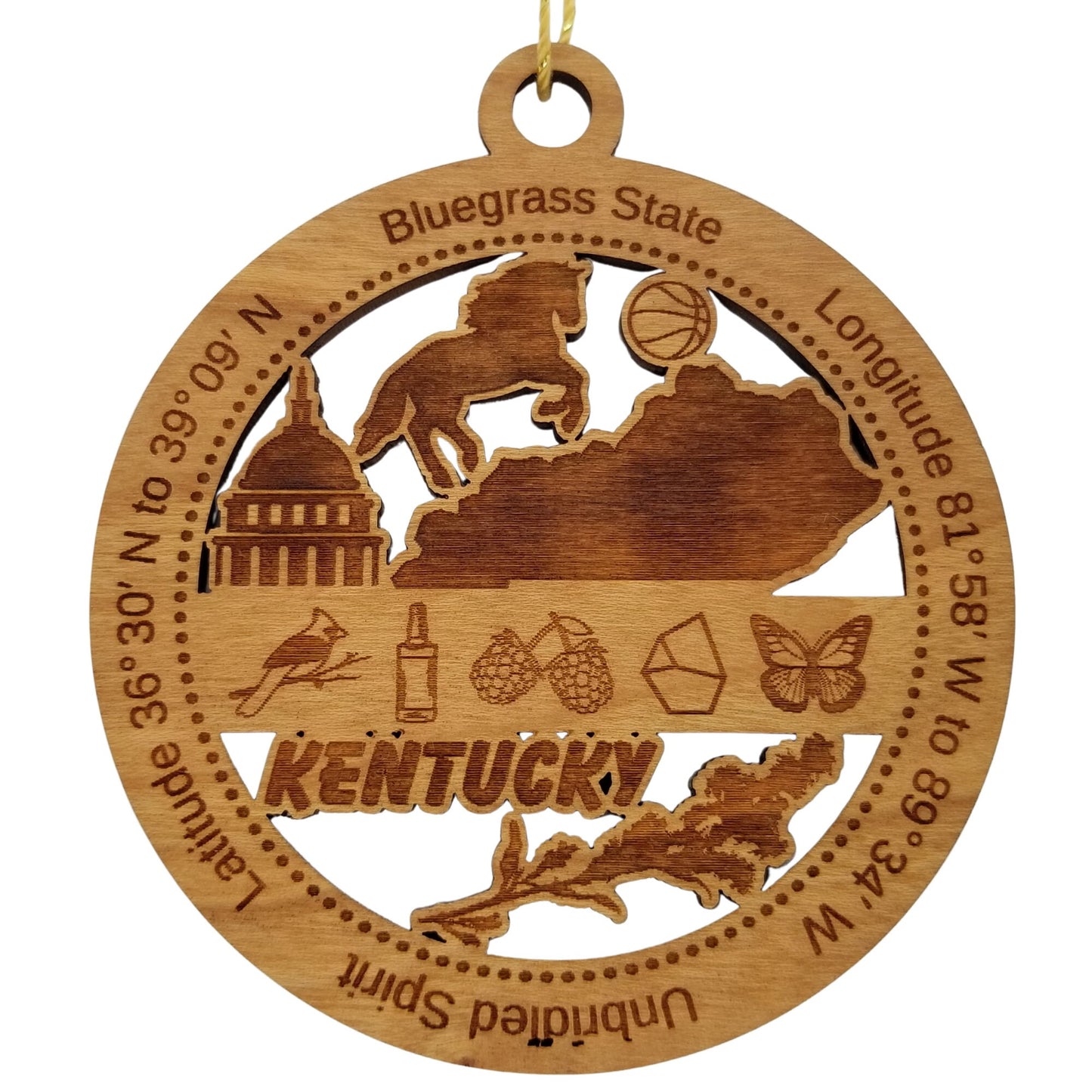 Kentucky Wood Ornament - KY Souvenir - Handmade Wood Ornament Made in USA State Shape Horse Basketball Capitol Butterfly Cardinal