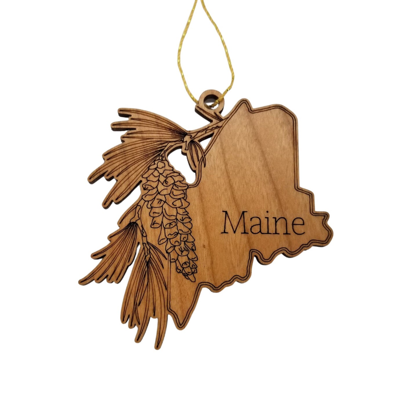 Maine Wood Ornament - ME State Shape with State Flowers White Pine Cone - Handmade Wood Ornament Made in USA Christmas Decor